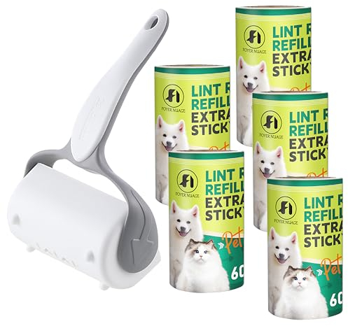 Foyer Nuage Lint Roller for Pet Hair, Clothes, Furniture, Carpet - Extra Sticky With Cover, 300 Sheets (1 Handle and 5 Refills)