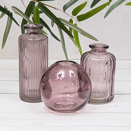 Set of 3 Purple Amethyst Vintage Glass Ribbed Bottle Flower Display Bud Vases