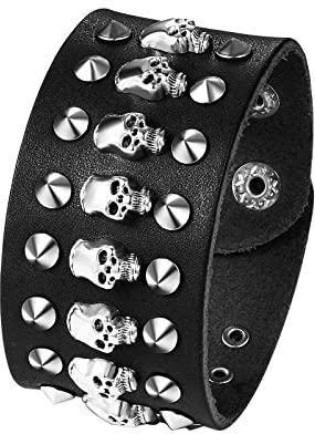 JewelryWe Schmuck Leder Armband Herren Punk Rock Gothic Breit Manschette Lederarmband mit Schädel Totenkopf Nieten Verstellbar Armreif Geschenke für Männer Schwarz