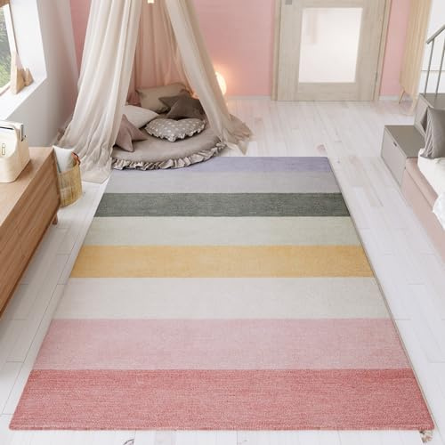 Wecon Home Lio handgetufteter Kinderteppich, 80 x 150 cm, Pastell bunt | moderner Kurzflor Kinderteppich in farbenfrohem Streifen Design