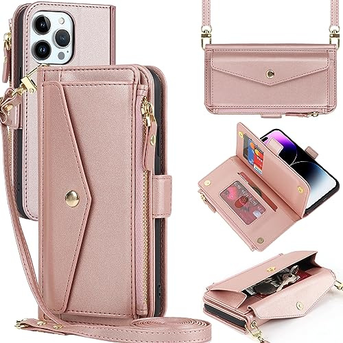 Zouzt for iPhone 14 Pro Wallet Case for Women, Purse with Credit Card Holder Slots Crossbody Lanyard Strap Zipper Flip Book Shockproof Protective Phone Cover for Apple 14 Pro 6.1 Inch (Pink)