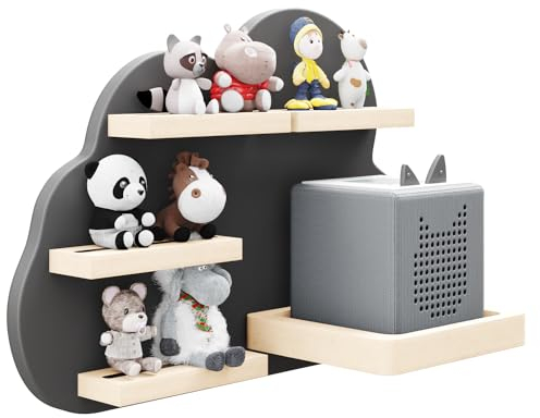 KD Essentials – Tonie-Regal, Display für Lautsprecher und Figuren (Kinderzimmer-Wandregal aus FSC-Holz, hält eine Toniebox und viele Tonie-Figuren mit Magneten, schönes Wolkendesign, wolkengrau)