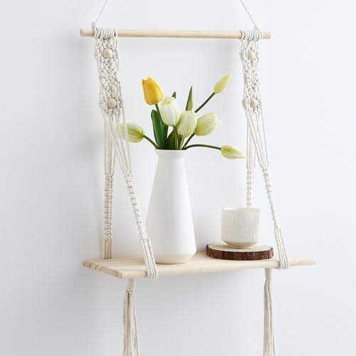 SOSINYA Wandregal Holz – Boho Deko und Makramee Regal mit LED-Lichterkette, perfekte Boho Wanddeko für Wohnzimmer, Schlafzimmer oder Wanddeko Badezimmer,Regal Wand,Wandregal Boho,Makramee Deko
