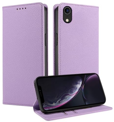 FERLAN Hülle für iPhone XR Schutzhülle [Litschi Leder][Kartenfach][Magnet][Standfunktion][RFID-Sperre],Handyhülle Ledertasche Kompatibel mit iPhone XR - Lila