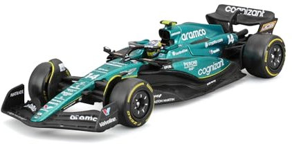 Bburago - Aston Martin AMR23#14 Alonso - Modèle 1:43 en métal avec Casque et vitrine, détails réalistes, Licence Officielle Aston Martin, dès 14 Ans