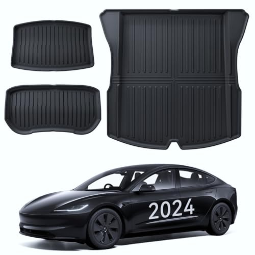 LANTU Kofferraummatte 3 Pcs für Tesla Model 3 2024-2025 Allwetter TPE Schutzmatte, Hinten, Untere und Vordere Kofferraummatte rutschfest & Wasserdicht für Tesla Model 3 Highland Zubehör