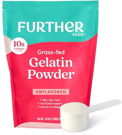Further Food Gelatina en polvo de alta calidad - Piel de res sin sabor, alimentada con hierba y criada en pastoreo, sin OGM, sin azúcar, adecuada para ceto y paleo, 899,8 g