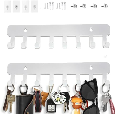 Echehi 2 pièces Porte Clef Mural Auto-dhésifs, Porte Clé Mural avec 8 Crochets pour Accrocher Porte-clés, Manteau, Parapluie, Lunettes de Soleil, Colliers de Bijoux