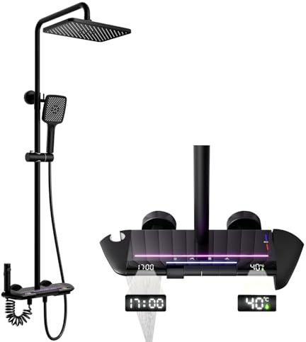 Colonne De Douche Avec Mitigeur Thermostatique Système De Douche Affichage Numérique LED Ensemble De Douche Avec Pommeau De Douche, Douchette, Bidet Douche, Robinet De Baignoire, Réglable (Noir)