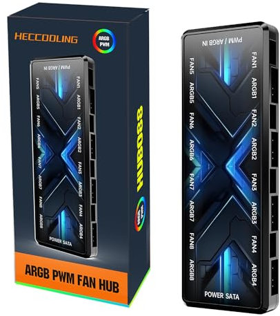 ARGB PWM Fan Hub, Addressable 5V 3PIN 12V 4PIN PWM 2-in-1 RGB Case Fan Hub with Magnetic, PSU SATA Power Input, 8 Port for Fans and 8 Port for LEDs, Support 8 Computer ARGB PWM PC Fans