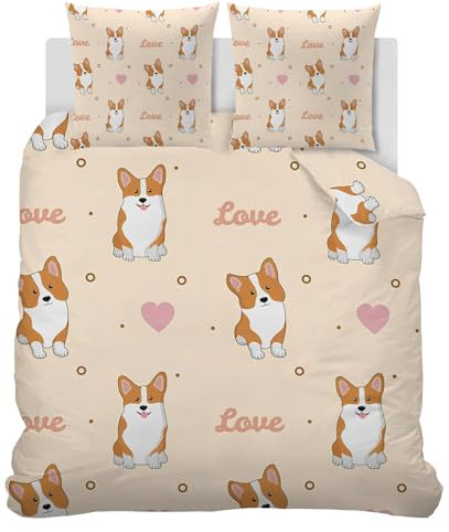 Bettwäsche 135x200 Corgi Bettwäsche-Sets 3 Teilig - Bettbezug 135 x 200 Hundeliebhaber und 2 Kissenbezug 80x80, Weich Mikrofaser Bettbezüge Set Tierthema mit Reißverschluss Q-602