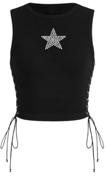 SOLY HUX Women's Tank Tops Y2K Sleeveless Ribbed Star Crop Tank Top Summer Going Out Tops Black Rhinestone Large