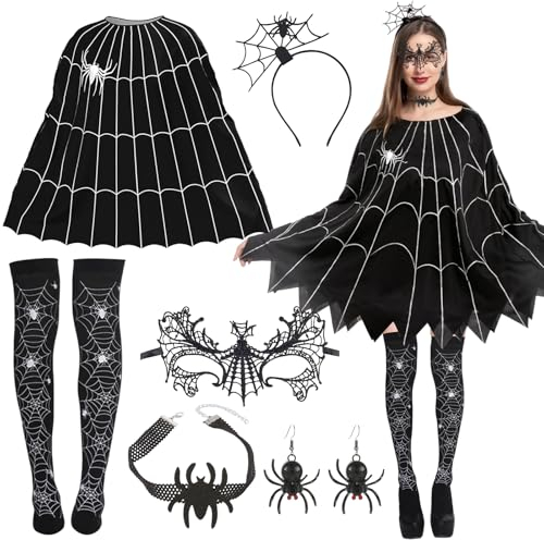 Henkodo Halloween Spinne Kostüm,6 Stück Spinne Kostüm Damen Halloween Kostüm Damen Spinnennetz Poncho Spinne Maske Spinnen Ohrringe Spinne Haarreifen für Erwachsene Halloween Fasching Karneval Cosplay