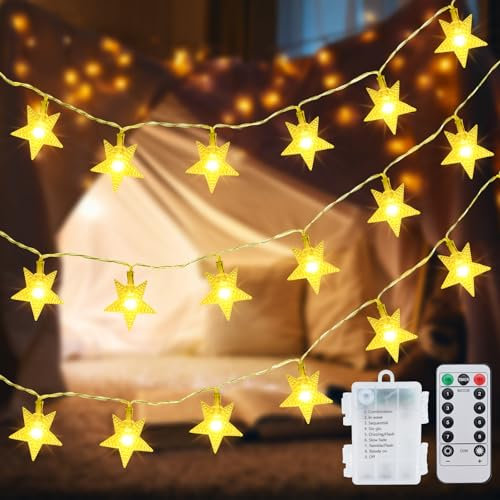Guirnalda de Luces LED con Estrella 6M 40LED Cadena Luces Funciona con Pilas 8Modos Luces de Navidad Resistente al Agua para Interior y Exterior Árbol de Navidad Jardín Fiesta Boda Patio Decoración