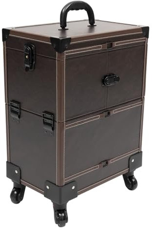 7-Compartment Modern Rolling Makeup Train Case Trolley Cosmetic Organizer Box Beauty for Artist Salon Box+Mirror for Professional Make-up Artists Hairdressers Nail Technicians Beauticians (Coffee)
