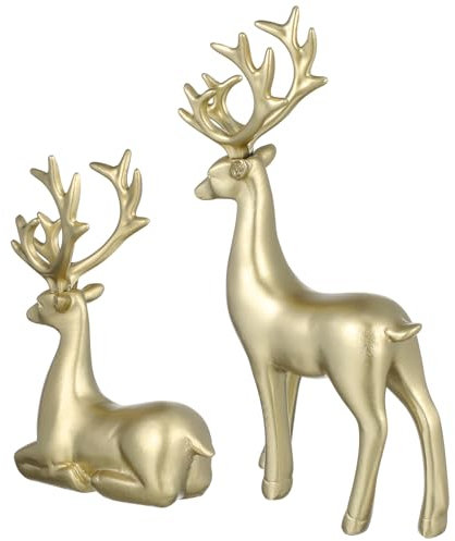 HANABASS 2 Kleine Rentiere Weihnachten Deko Aus Harz, Sitzende Und Stehende Hirschstatue Gold, Room Home Dekoration Für Wohnzimmer Schlafzimmer Büro Schreibtisch Schränke Raumdekoration Figuren