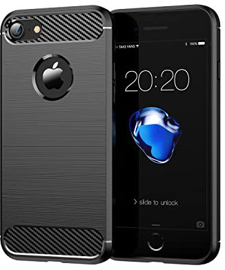 owlhold Funda para iPhone SE 3/2 / iPhone 8/7, Texturas cepilladas y de Fibra Carbono Carcasa, Ultrafina TPU Suave Militar Protector Capa Antigolpes, Anti-Raspaduras, Antideslizante Case, Negro