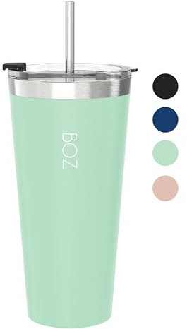 BOZ Gobelet avec couvercle et paille - Gobelet isotherme avec couvercle et paille - Acier Inoxydable - Idéal pour les boissons chaudes et froides (650 ml, Vert Clair)