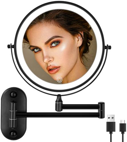 jutyum kosmetikspiegel wandmontage Kosmetikspiegel mit 1X/10X Vergrößerung LED Beleuchtung Spiegel Wandmontage schminkspiegel mit Beleuchtung Dimmbarer Schminkspiegel 3 Farben Cosmetic Mirror Schwarz