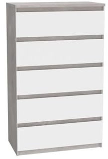 FORTE Chelsea Kommode 70 80, Hohe Kommode mit 5 Schubladen, Modernes Sideboard, Holzwerkstoff, Weiß Holzdekor/Betonoptik Holzdekor, 77,2 cm breit x 128,1 cm hoch x 42,2 cm tief