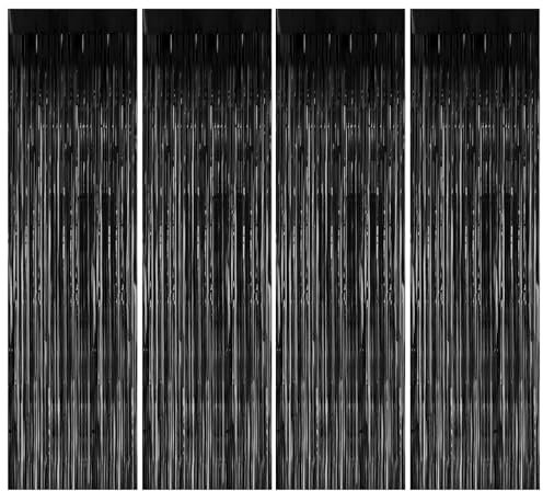4 Stück Lametta Vorhang Schwarz,1m x 2m Glitzervorhang,Glitzer Vorhang Geburtstag Deko,Party Vorhänge Schwarz,Metallische Glitzervorhang Fringe,Tinsel Curtain für Karneval,Geburtstag,Partydekoration