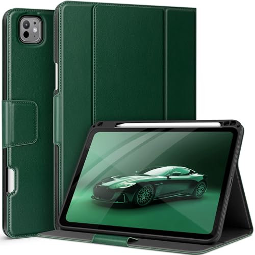 AUAUA Coque pour iPad Pro 11 2024 (M4), avec Porte-Crayon et Poche, Plusieurs Angles de visualisation, Fermeture magnétique, Mise en Veille/réveil Automatique (Vert)