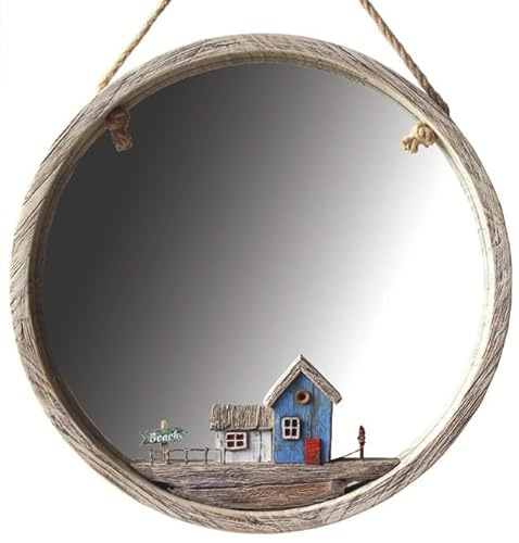 Fyne-Finds Rustic Wooden Wall Hanging Nautical Mirror Coastal Scene Beach Seaside Bathroom 37cm Decorative Mirror