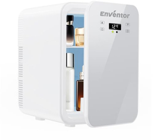 Enventor Mini Frigo de Chambre 10L, Petit Frigo avec Double Système de Refroidissement, 12V/220V, Fonction Refroidissement et Chauffage, Compact Fridge Cosmétique pour Voitures, Chambres, Bureaux