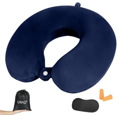 URAQT Cuscino da Viaggio, Cuscino per il Collo in Memory Foam, Cuscino Cervicale da Viaggio con Maschera per Dormire, Tappo per le Orecchie, Cuscino per Auto, Aereo, Ufficio, Casa(Blu Navy)