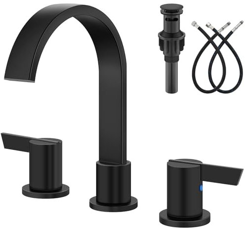Aolemi Waterfall Bathroom Faucets 3 Holes 8 Inch Wide Basin Faucet 2 Handles with Pop Up Drain and Supply Hose, Suitable for Vanity, RV, Toilet, Matte Black