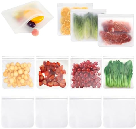 Reusable Gallon Freezer Bags - 12 PCS Silicone Food Freezer Bags, 28×26CM/11×10.2Inch Extra Large Thick Ziplock Plastic Bag for Food Storage, Leakproof Sandwich Pouch for Fruit Veg Soup Meal Prepare