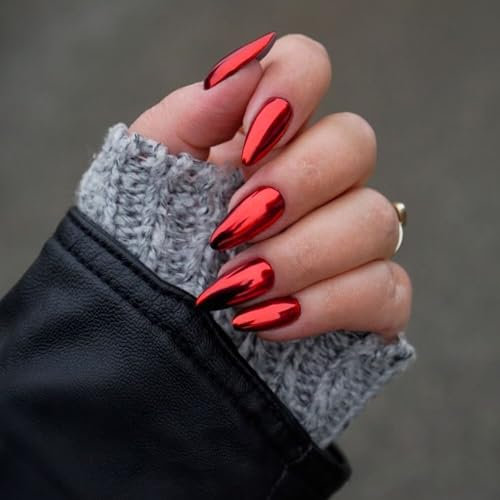 Metallic Orange Red False Nails Almond, SXVME Chrome Press On Nails Medium, Glazed Shine Acrylic Fake Nails with Mirror Effect for Women Daily & Party Wear 24 Pcs