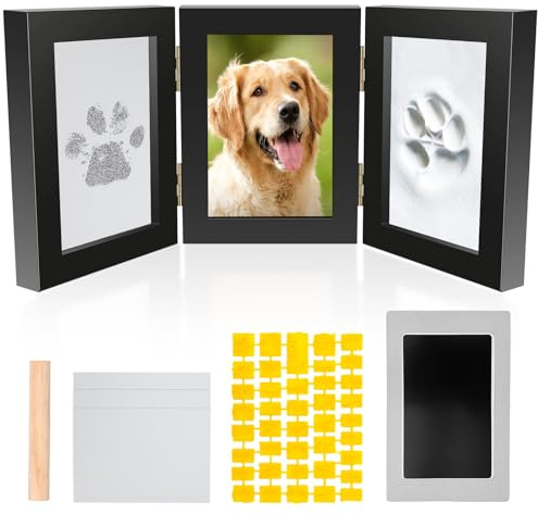 BAODBF Pfotenabdruck Set Hund 3D mit Bilderrahmen,Gedenkrahmen Hund,3D Gipsabdruck,Holz Fotorahmen Katze Wanddekoration,Pfotenabdruck Set für Hund und Katze,Schwarz