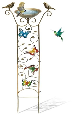 2in1 Vogeltränke mit Rankgitter für Garten Outdoor Metall | Rankhilfe für Kletterpflanzen, mit abnehmbarer Schale und Schmetterlingsdekor, antikes Eisen, Blumen