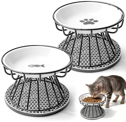Lot de 2 gamelles surélevées pour chat en céramique avec support en métal et support en silicone - Gamelles anti-vomissements - Gamelle de protection cervicale pour chat - Station d'alimentation pour