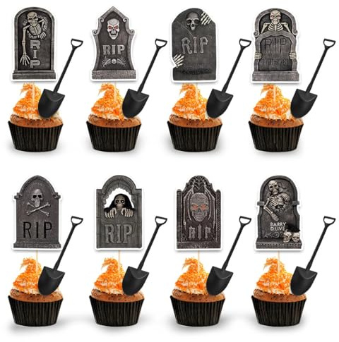 48 PCS Halloween Cupcake Toppers, Kuchen Deko Grabstein Toppers mit 24 Stück Mini-Schaufeln, Halloween Grabstein Tortendeko, halloween Cupcake Dekoration für Hallowee-n Party Nachtisch Essen Dessert