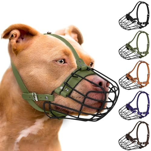 Pitbull Maulkorb für Hunde, atmungsaktiv, Metallkorb für große Hunde, Amstaff Staffordshire Terrier, sichere Drahtmaske, verstellbar, langlebig, Lederriemen, Beißen, Kauen, Bellen (Olivgrün)