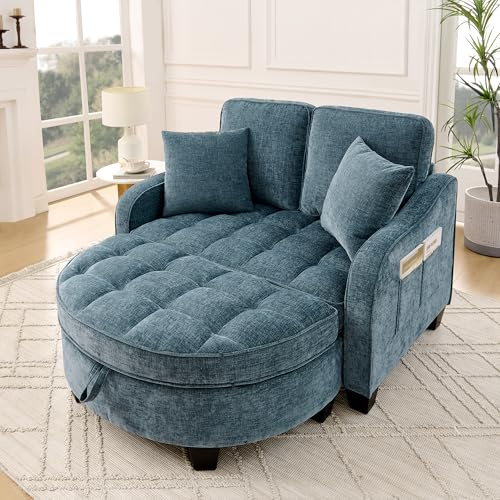 A ALFRESCOOL Sofa mit Schlaffunktion, Sofa Klein, Chaiselongue, Blau | 3-in-1 Schlafsofa, Aufbewahrungs-Hocker & 4 Kisse, Atmungsaktives Material, leicht zu reinigen, 132×129×93cm