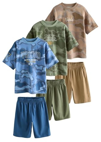 NEXT Jungen Pyjamas mit Shorts aus 100% Baumwolle, 3er-Pack Blue/Green Camo 164