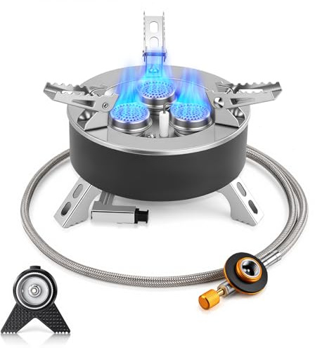 Flintosky Réchaud Gaz Camping 4000W Allumage Piezo Adaptateur Cartouche | 4000W puissant, allumage Piezo, adaptateur cartouche, pliable, compact, camping, randonnée, pêche