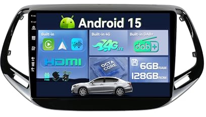 SXAUTO『Built-in 4G LTE/DAB』Android 15-6G+128G Autoradio Per Jeep Compass (2017-2021) - CarPlay/Android Auto - Camera + MIC - Daul Band WIFI Fast-boot Volante 360-CAM HDMI 2 Din QLED 10.1 Pollici