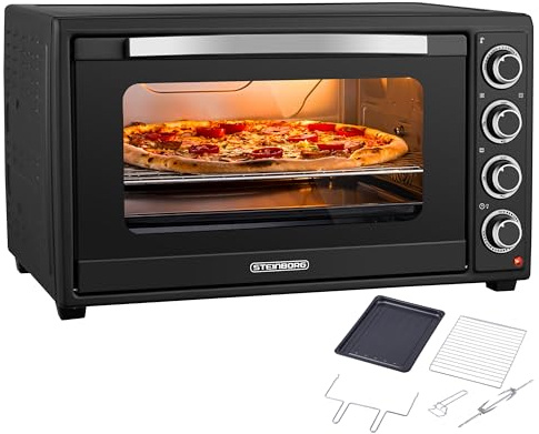 Steinborg® Mini forno da 60 litri con convezione e girarrosto, 2000 W, forno da tavolo grande XXL, 100–230 °C, timer da 60 minuti, calore superiore/inferiore e convezione, forno per pizza 3 in 1