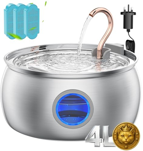 Tomxcute 4L Stainless Steel Cat Water Fountain with Water Window | Ideal for multi-pet homes, with 3 filters to help maintain fresh water between refills.