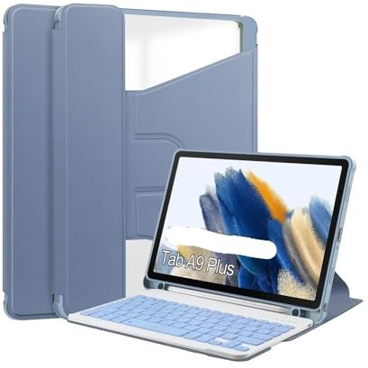 YSJX Keyboard Protective Case with Pen Slot, 360° Rotating Acrylic Shell Suitable for Samsung Galaxy Tab A11+(2025)/A9 Plus 11 inches(Deep Purple+Keyboard)