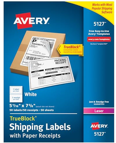 Avery Versand-Etiketten mit Papierquittungen und TrueBlock Technologie für Laserdrucker 5-1/16 x 7-5/8, 50 Stück (5127), weiß