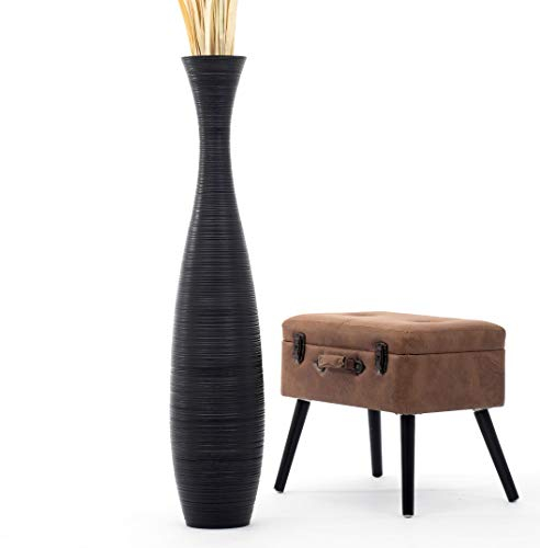 Leewadee Große Deko Bodenvase Für Dekozweige, Hohe Standvase Für Pampasgras, Design Holzvase, 110 cm, Schwarz