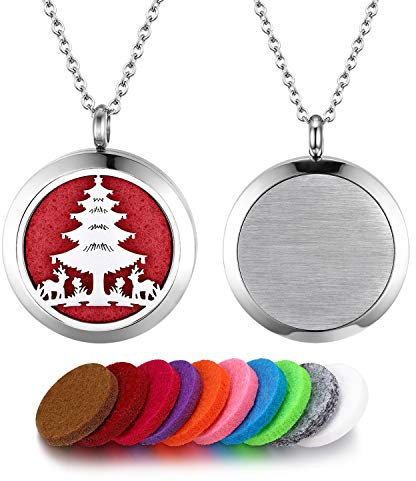 Flongo Duft Kette Aromatherapie Aroma: Halskette für Ätherische Öle Weihnachtsbaum Edelstahl Duftkette Diffuser mit 10 Farbigen Filz Pads ölpads Silber für Damen Frauen