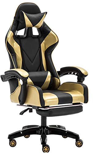 Gaming Stuhl Computer Bürostuhl Chefsessel E-Sport Stuhl Rückenlehne Hoch (90-170 °) Verstellbar mit Rücken/Lendenwirbel/Fuß Unterstützung,Black-Gold