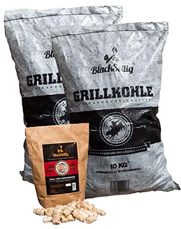 BlackSellig Südamerikanische Steakhousekohle Grillkohle Holzkohle 20 kg +50 Holzwolle Anzünder