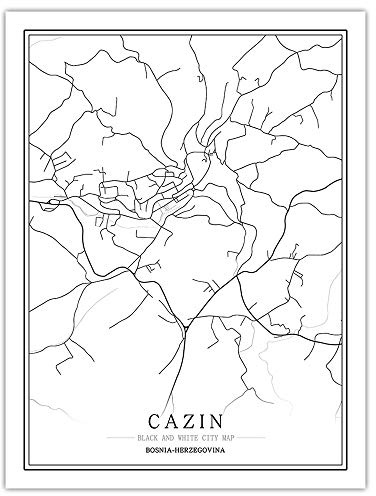 SONG Leinwand Bild, Cazin Bosnia-Herzagovina Croatia Stadtplan Malerei Schwarz Weiß Einfache Kunst Wandbild Poster Rahmen Weniger Bild, Moderne Vertikale Malerei Cafe Office Home Decor,40 * 50cm